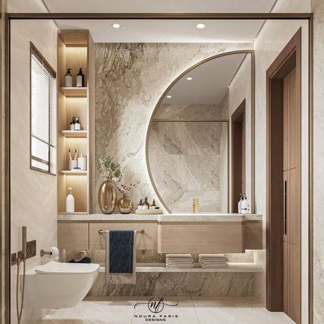 NouRa FaRis Designs on Instagram: "Give your bathroom a spectacular interior makeover! Explore our beautifully crafted bathroom designs to create a place that reflects luxury and elegance! In #nourafarisdesigns, we have all the items you need to design your ideal bathroom, whether you prefer contemporary or traditional styles. With our top-notch fixtures and finishes, you can elevate your routine and enjoy a spa-like experience! Contact us right away to get going! ...................... For Contemporary Toilet Design, Modern Powder Room Ideas, Bathroom Ideas Modern Luxury, Modern Powder Room Design, Luxury Bathroom Decor, Condo Inspiration, Small Bathroom Wallpaper, Modern Powder Rooms, Guest Bathroom Design