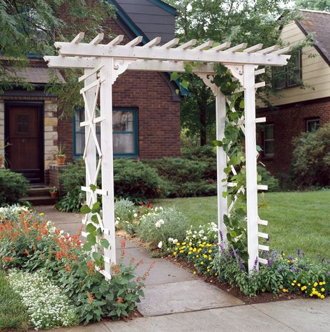 How to Build a Simple Entry Arbor for a Charming Front Yard Arched Trellis, Arbors And Pergolas, Garden Arbour, Bean Trellis, Trellis Arbor, Diy Arbour, Wood Arbor, Wooden Arbor, Garden Gates And Fencing