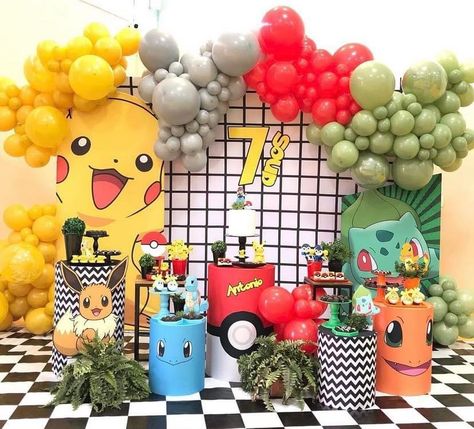 Pokemon Photo Props, Pokemon Birthday Decor, Pokemon Party Ideas Decoration, Pokemon Birthday Decorations, Pokemon Birthday Party Decorations, Birthday Pikachu, Pikachu Party, Pokemon Balloons, Pokemon Party Decorations