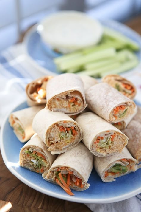 Chicken Salad Roll Ups, Hummus Chicken Salad, Greek Yogurt Veggie Dip, Buffalo Hummus, Chicken Hummus, Hummus Chicken, Salad Roll, Entertaining Menu, Salad Rolls