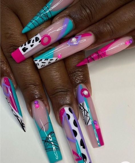 Dope Nail Designs Swag, 90 Nails The 90s Art Designs, Oldies Nails, 80s Nail Designs, Lsd Nails, 90s Nail Designs, 90s Cartoon Nails Acrylic, 90s Nail Art, 90s Nails