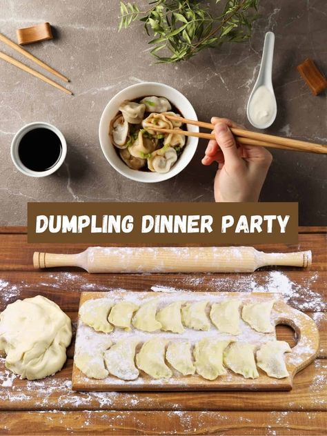 Dumpling Making Party, Dumpling Party Theme, Couples Dinner Party Ideas, Asian Themed Dinner Party, Dinner Dumplings, Dumplings Dinner, Couples Dinner Party, Pizza Dinner Party, Dumpling Party