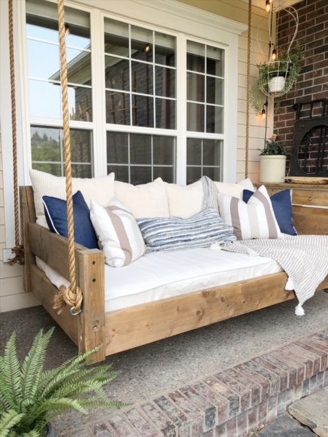 Our DIY Swing Bed – Living with Lady Daybed Swings Outdoor Diy, Hanging Porch Bed, Diy Porch Swing Bed, Bed Swings, Porch Bed, Diy Swing, Diy Porch Swing, Porch Swing Bed, Swing Bed