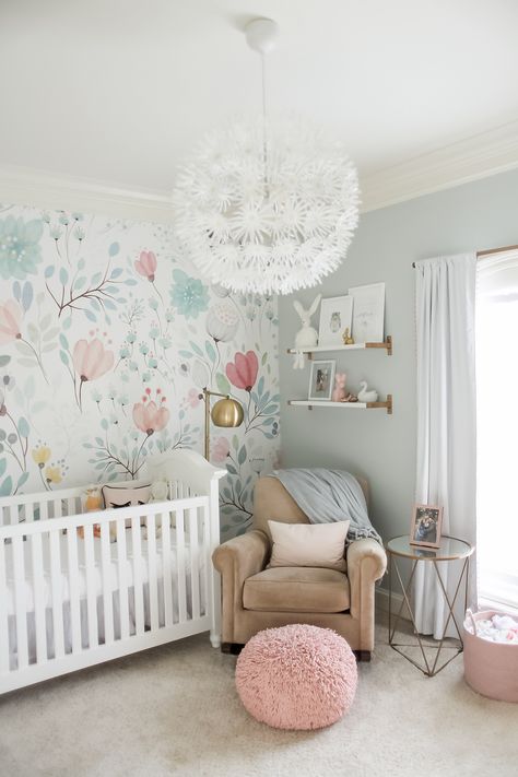 This floral baby girl nursery has been so popular! We love this pretty wallpaper and the soft muted colors.   #projectnursery #floralnursery #wallpaper #nursery Nursery Design Girl, Baby Nursery Inspiration, Whimsical Nursery, Girl Nursery Room, Bedroom Wallpaper, Nursery Baby Room, Project Nursery, Baby Bedroom