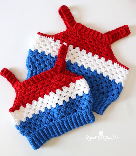 Patriotic Granny Stitch Crochet Tank Top Red White And Blue Crochet Top, Crochet 4th Of July Top, Fourth Of July Crochet Top, Crochet 4th Of July Patterns Free, Crochet Top Kids, Fourth Of July Crochet, Crochet 4th Of July, Red White Blue Crochet, Red White And Blue Crochet