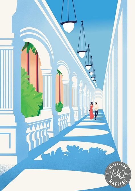 Colonial Pop Raffles Singapore, Raffles Hotel Singapore, Posca Marker, Posca Art, 강아지 그림, Gouache Art, Colonial Architecture, Illustration Art Drawing, Travel Illustration