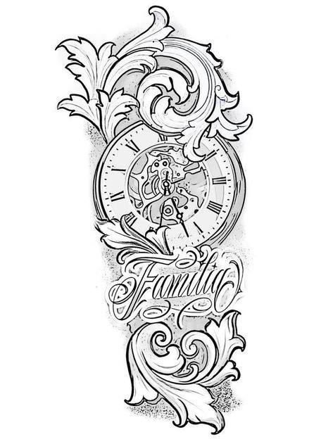 နာရီ Tattoo, Half Sleeve Tattoo Drawings For Men, Clock Half Sleeve Tattoo, Clock Tattoo Design For Men, Clock Tattoo Stencil, Half Sleeve Tattoo Stencils, Chicano Tattoos Sleeve, Animal Sleeve Tattoo, Filigree Tattoo