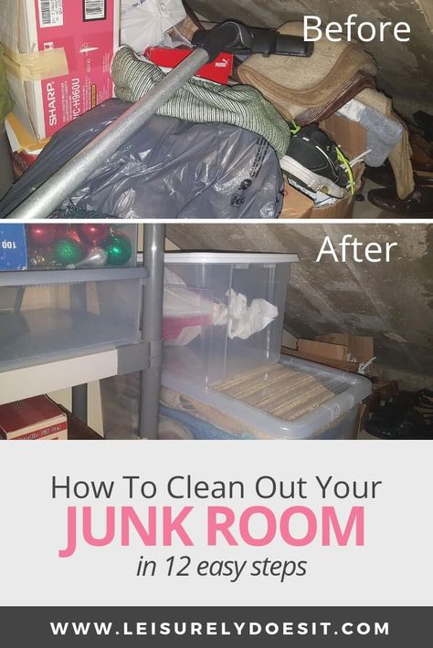 Got a room full of junk to declutter? Here are my best junk room organization tips to help you get your storage space organized and keep it clutter-free. Plus, you'll find some before and after photos for inspiration. Whether the junk room in your house is the entire basement or just a closet, these ideas will definitely help. #declutter #declutteringyourhome #declutteringmyhouse #organizationtips #ldi via @Leisurely Does It Room Declutter, Junk Organization, Free Printable Cleaning, Getting Rid Of Clutter, Cleaning House, Declutter Your Life, Clutter Free Home, Clutter Organization, Organize Declutter