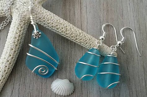 Made in Hawaii Wire wrapped blue sea glass necklace Teal Earrings, Beach Earrings, Beachglass Jewelry, Glass Jewellery, Sea Glass Earrings, Blue Sea Glass, Dangly Earrings, Sea Glass Jewelry, Matching Necklaces