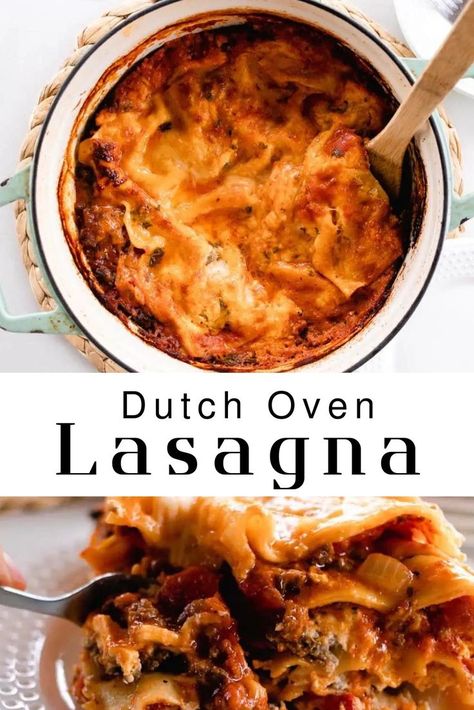 thick layers of melty & hearty lasagna noodles, tomato sauce, beef and cheese baked up in a dutch oven Lasagna Soup Recipe Dutch Oven, Lasagna In Dutch Oven, Dutch Oven Recipes For Two, Dutch Oven Baking Recipes, Best Dutch Oven Recipes Dinners, 5 Quart Dutch Oven Recipes, Recipes Using Dutch Oven, Easy Dutch Oven Dinners, Dutch Oven Baking