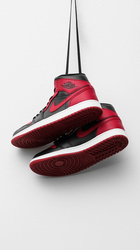 Air Jordan 1 Mid Banned, Air Jordan 1 Mid Wallpaper, Jordan 1 Photography, Jordans Photoshoot, Red Jordans Aesthetic Wallpaper, Nike Jordan Red, Tenis Air Jordan, Air Jordan 1 Retro Red, Red And Black Jordans