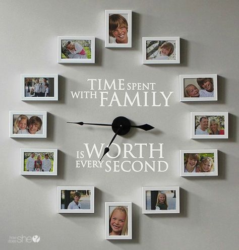 Family Wall Ideas. Gallery Wall Ideas and Inspiration for PIcture Frame Displays.  Family picture frame ideas and ornament for displaying your home portraits. Gay Bed, Diy Wall Clock Ideas, Family Clock, Picture Frame Clock, Picture Clock, Photo Wall Clocks, Photo Hanging, Photo Clock, Family Photo Wall