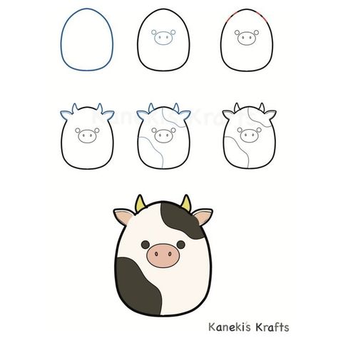 Connor The Cow Squishmallow, Easy Squishmallow Drawing, Squish Mellow Paintings, Cute Easy Cow Drawing, Cow Squishmallow Painting, Squishmallow Cow Drawing, Squishmallows Drawing Easy, How To Draw A Squishmallow Step By Step, Easy Cow Drawing Simple