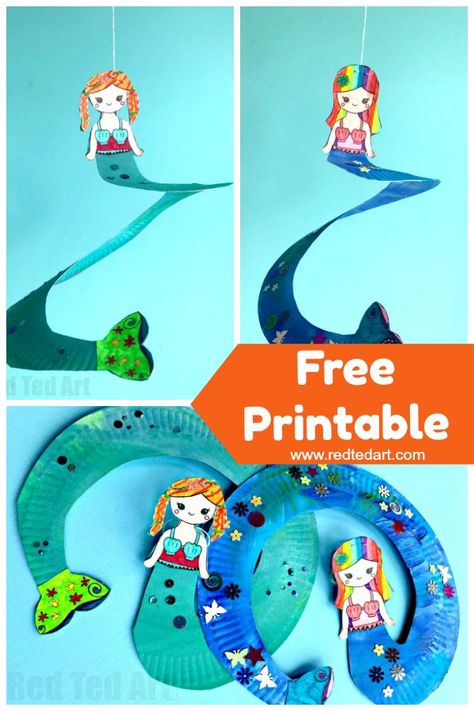 Paper Plater Mermaid Twirler. We lover making Paper Plate Whirligigs for all the different seasons. These mermaid twirlers come with a free Mermaid Printable. Make these Paper Plater Mermaid Whirligigs today #paperplates #mermaids #twirlers #whirligigs #printables Plate Crafts For Kids, Mermaid Room Decor, Red Ted Art, Paper Plate Crafts For Kids, Mermaid Crafts, Mermaid Diy, Ocean Crafts, Paper Plate Crafts, Plate Crafts