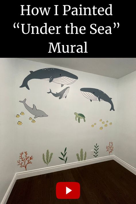 An under the sea mural in a baby's nursery with painted fish, turtle, dolphin and whales Sea Life Mural Painting, Under The Sea Mural Painting, Underwater Mural Painting, Under The Sea Mural, Bathroom Murals, Sea Murals, Mural Nursery, Bathroom Mural, Underwater Theme