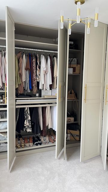 Aaliya on Instagram: "My wardrobe is half way filled, what do you think? I definitely want to get some LED lights added 😍

All the info about my wardrobe is below, if you have any more questions let me know in the comments 💖

- These are the PAX wardobes from @ikeauk which look like fitted wardrobes.

- We went into store and sat with an Ikea employee and designed our wardrobe. It's easier to do it in store than at home as they can also advise you and suggest things to add.

- I was in love with this door design when I first saw and I knew I wanted a panel style door.

- This door colour is light beige and name of it is FLISBERGET.

- Wardrobe height was 236cm and height of our room was 237cm so the joiner fitted the wardobes by taking out the carpet which tbh is pretty great as they loo Ikea Pax Beige, Ikea Uk, Door Colour, I Was In Love, Everything I Wanted, Ikea Wardrobe, Pull Out Drawer, Trouser Hangers, Ikea Website