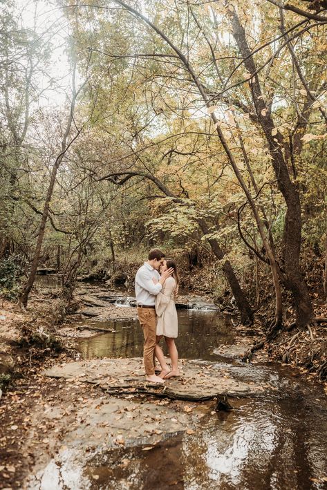 Fall Water Engagement Pictures, Stone Creek Park Flower Mound, Engagement Photos State Park, Engagement Photos Outside Spring, Creek Session Family, Couples Photoshoot In Creek, Creek Pictures Couples, Fall Creek Photoshoot, Creek Couple Photos