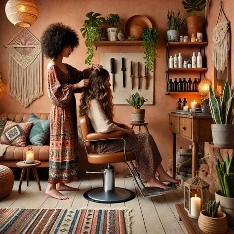 Relax in a Bohemian Home Salon while you get your hair done Basement Salon Ideas Small Spaces, Hair Salon Suite Decor Ideas, Moody Salon Suite, At Home Hair Salon Ideas, In Home Hair Salon Ideas, In Home Salon Ideas Small Spaces, Boho Hair Salon Decor, Salon Suite Ideas, Vintage Salon Decor