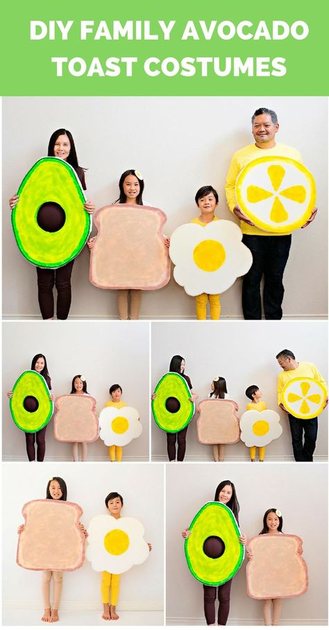 DIY Family Avocado Toast Costumes. Get the DIY to make these cute avocado, toast, egg, and lemon costumes. Cute siblings costumes or maternity pregnancy costume (Avocado). Siblings Costumes, Food Activities For Kids, Cute Siblings, Avocado Costume, Toast Egg, Egg Costume, Sibling Costume, Pregnancy Costumes, Avocado Toast Egg