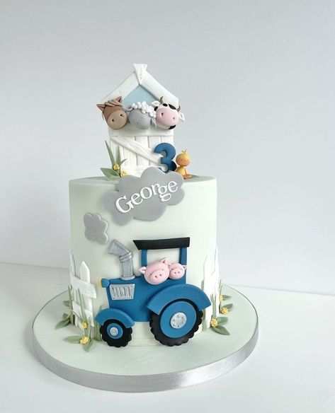 3rd Birthday Wishes, Birthday Wishes Cake With Name, 2nd Birthday Cake Boy, Tractor Birthday Cakes, Farm Birthday Cakes, Barnyard Cake, Farm Animal Cakes, Tractor Cake, Baby Boy Birthday Cake