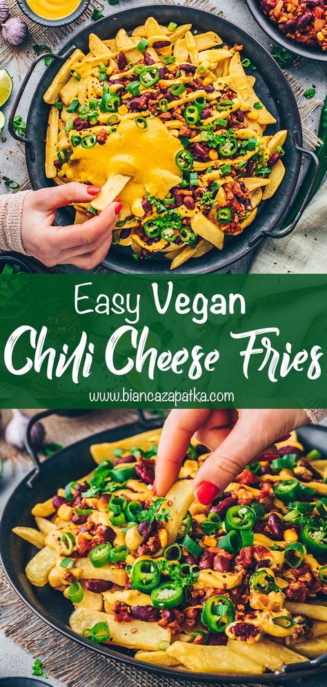 Sweet Potato Pasta Sauce, Chili Cheese Fries Recipe, Chilli Cheese Fries, Cheese Fries Recipe, Fries Healthy, Vegan Cheese Sauce Recipe, Easy Vegan Chili, Best Vegan Chili, Sweet Potato Pasta