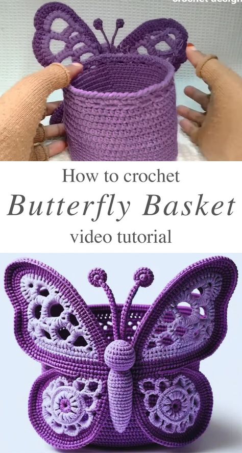 Crochet Butterfly Basket: A Gorgeous Handmade Masterpiece - CrochetBeja Crochet Lace Butterfly Free Pattern, Crochet Butterfly Bag Free Pattern, Crochet Baby Baskets Free Patterns, Crocheted Butterfly Pattern Free, Crochet Gifts Patterns Free, Free Crochet Butterfly Pattern, Butterfly Granny Square Pattern, Butterfly Bag Crochet, Crochet Butterfly Pillow