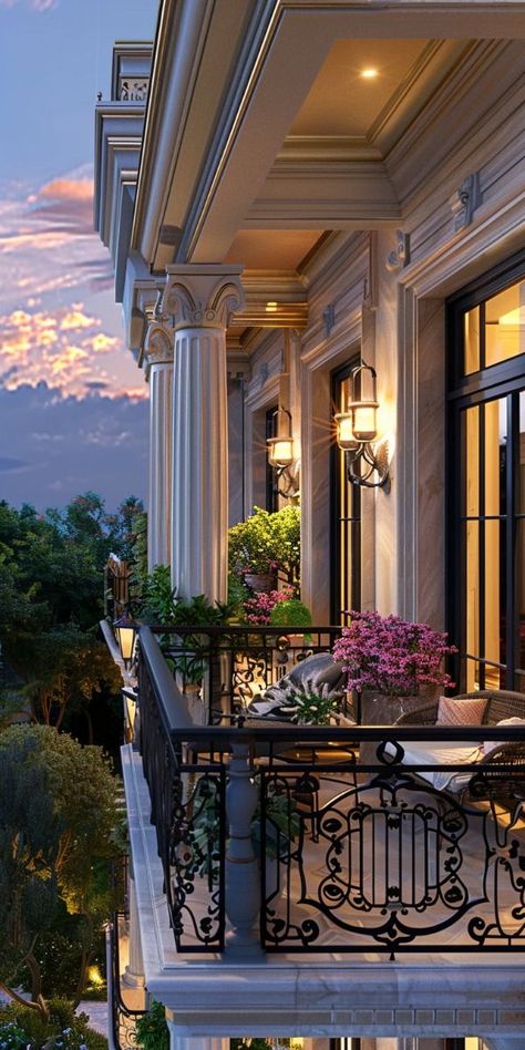 Old Money Balcony, Classic Balcony Design, French Chateau Home, Old Money Interior Design, Old Money Interior, Cafe Design Inspiration, French Balcony, Tuscan Style Homes, Apartment Balcony Ideas