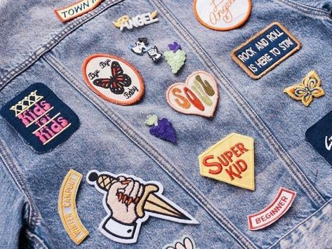 How To Sew Patches On Jackets, Large Patches For Jackets, Festival Denim Jacket With Patches, 80s Patch Jacket, Sew Patches, Streetwear Embroidered Patch Denim Jacket, Iron On Embroidery, Rock Baby, Hook And Loop Tape