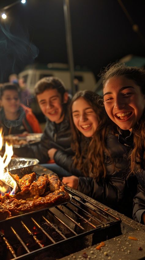 Joyful Barbecue Party: Friends gather around the barbecue, sharing laughter and stories as they cook food under the night sky. #friends #barbecue #laughter #night #joy #aiart #aiphoto #stockcake ⬇️ Download and 📝 Prompt 👉 https://ayr.app/l/4VwU Bbq Party Photography, Barbeque Party Night, Chicken And Ribs, Party Image, Barbeque Party, Tail Gate, Barbecue Party, Family Eating, Friends Gathering