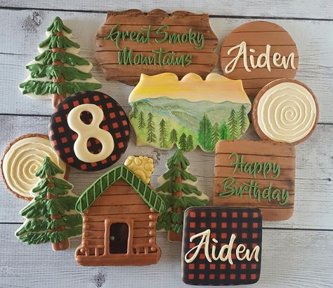 A Smoky Mountain Birthday cookie set by Sweet Treats by Sonya Lumberjack Cookies, Camping Cookies, Lumberjack Birthday Party, Lumberjack Birthday, Royal Icing Recipe, Christmas Cookies Decorated, Icing Recipe, Iced Cookies, Icing Cookies