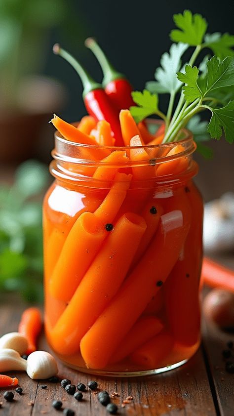 Spicy Pickled Carrots Spicy Pickled Carrots Recipe, Easy Pickled Carrots Recipe, Sweet And Spicy Pickles, Spicy Refrigerator Pickles, Spicy Pickled Carrots, Pickled Carrots Recipe, Marinated Vegetables, Spicy Pickles, Carrots Recipe