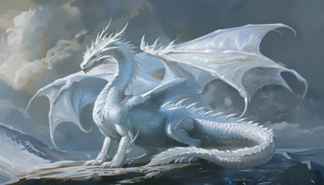 #dnd #dragonchromatique #blanc #white #dungeonsanddragons #donjonsetdragons Ice Dragon Concept Art, Snow Dragon Art, Ice Dragon Aesthetic, Grey Ghost Dragon, White And Blue Dragon, White Dragon Aesthetic, White Dragon Art, White Dragon Tattoo, Albino Oc