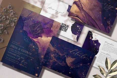 Abstract Galaxy Wedding Suite Deep Purple Watercolor and - Etsy Galaxy Wedding, Purple And Gold Wedding, Celestial Wedding, Check Email, Wedding Suite, Purple Watercolor, Interstellar, Happy Birthday Banners, Wedding Paper