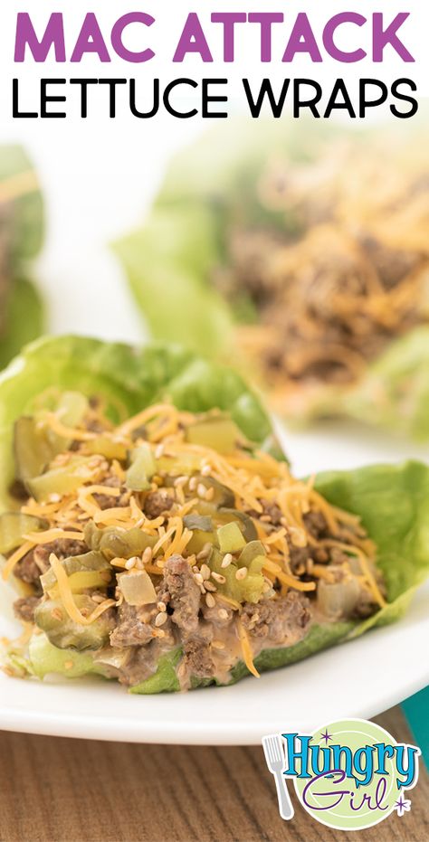 Big Mac Inspired Lettuce Wraps + More Healthy Fast-Food Swap Recipes | Hungry Girl Fast Like A Girl Recipes, Big Mac Lettuce Wrap, Hamburger Lettuce Wraps, Salat Wraps, Lettuce Wraps Healthy, Hungry Girl Recipes, Lettuce Wrap, Healthy Bowls, Food Swap