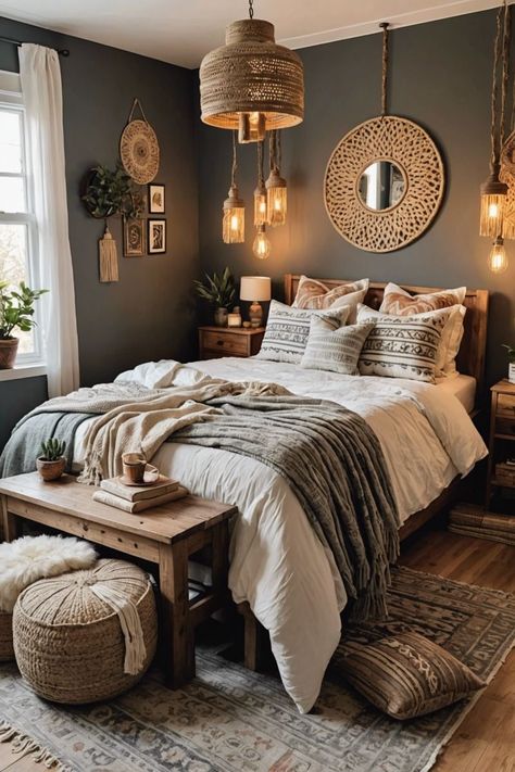 Boho Bedrooms Chic, Industrial Cozy Bedroom, Bohemian Small Bedroom Ideas, Industrial Bedroom Decor Ideas, Bedroom Ideas Wooden Bed, Boho Master Bedrooms Decor, Gray Boho Bedroom, Small Cabin Bedroom Ideas, Boho Master Room Bedroom Ideas