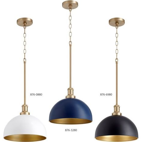 Navy Blue And Gold Pendant Lights, Blue And Gold Pendant Light, Navy Blue Pendant Light, Navy Pendant Light Kitchen, Blue Kitchen Pendant Lights, White Kitchen Navy Island, Over Island Lighting, Brass Dome Pendant Light, Lights Over Island