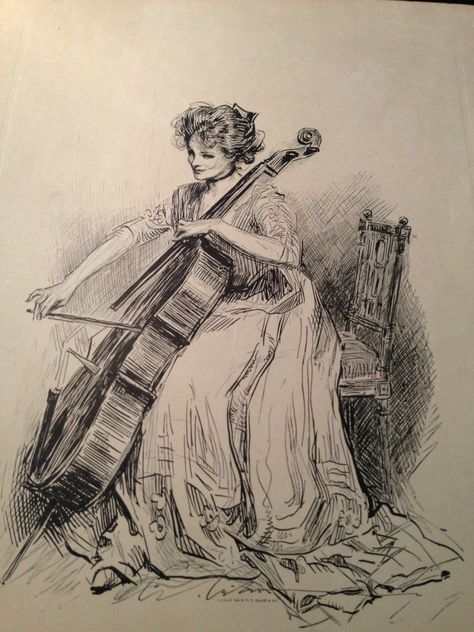 Cello Art, Arte 8 Bits, Music Drawings, The Violin, Gibson Girl, Figure Sketching, Art Et Illustration, Victorian Art, Girl Sketch