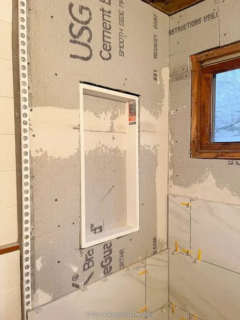 How To Install A Shower Niche, How To Build A Shower Niche, Pvc Trim Boards, White Shower Tile, Tile Shower Niche, Niche Wall, Custom Tile Shower, Cement Board, Shower Wall Tile