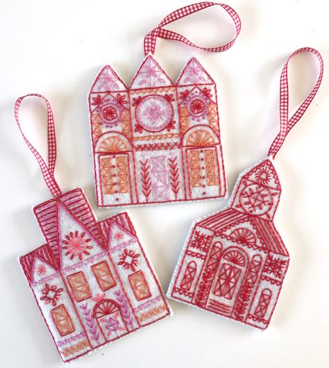 Hot summer days ... small embroidery projects - nancynicholson.co.uk Buildings Embroidery, Embroidery Images, Embroidered Ornaments, Embroidery Download, Folk Doll, Felt Christmas Decorations, Felt Embroidery, Felt Decorations, Paper Model