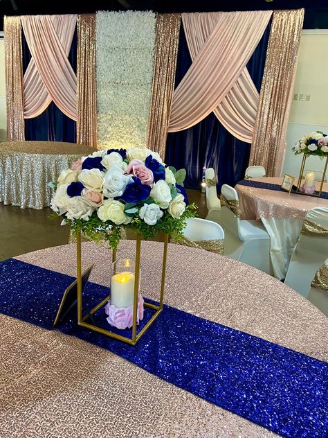 Reception Backdrop Gold Quince Centerpieces, Blue And Gold Quince, Royal Blue And Gold Quince, Rose Gold And Royal Blue, Sweetheart Backdrop, Wedding Rose Gold Theme, Quince Centerpieces, Gold And Royal Blue, Rose Gold Wedding Decor