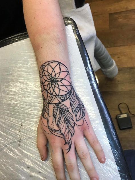 Dream catcher hand tattoo girly hand feather dream tattoo by Beth wilde at wilde Ink Wakefield Dreamcatcher Hand Tattoo, Dream Catcher Tattoo On Hand, Dream Catcher Hand Tattoo, Feather Hand Tattoo, Small Dreamcatcher Tattoo, Dreamcatcher Tattoo Meaning, On Hand Tattoo, Dream Catcher Tattoo Design, Native Tattoos