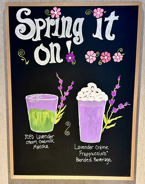 Starbucks Spring 2024 Spring Coffee Shop Signs, Starbucks Spring Chalkboard, Starbucks Chalkboard Art, Starbucks Doodle, Chalk Art Coffee, Starbucks Chalkboard, Spring Chalkboard Art, Summer Chalkboard Art, Starbucks Ideas