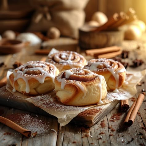 Cinnamon Roll Temptation: Freshly baked cinnamon rolls topped with icing on a wooden surface, exuding warmth and sweetness. #cinnamon #baked #rolls #icing #wooden #warm #sweet #dessert #aiart #aiphoto #stockcake https://ayr.app/l/e5hA Cinnamon Roll Photography, Cinnamon Rolls Photography, Cinnamon Rolls Aesthetic, Rolled Sandwiches, Homemade Recipe Books, Dream Bakery, Product Photoshoot, Baked Rolls, Sweet Rolls