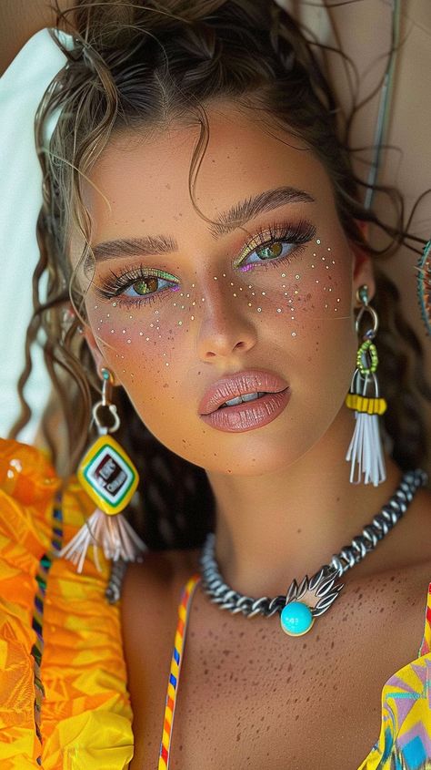 Festival Hair And Makeup Ideas, Festival Makeup Colorful, Burning Man Makeup Ideas, Maquillaje Festival Coachella, Festival Fashion 2024, Boho Makeup Ideas, Maquillage Festival Coachella, Hippie Makeup Looks Boho Style, Make Up Coachella