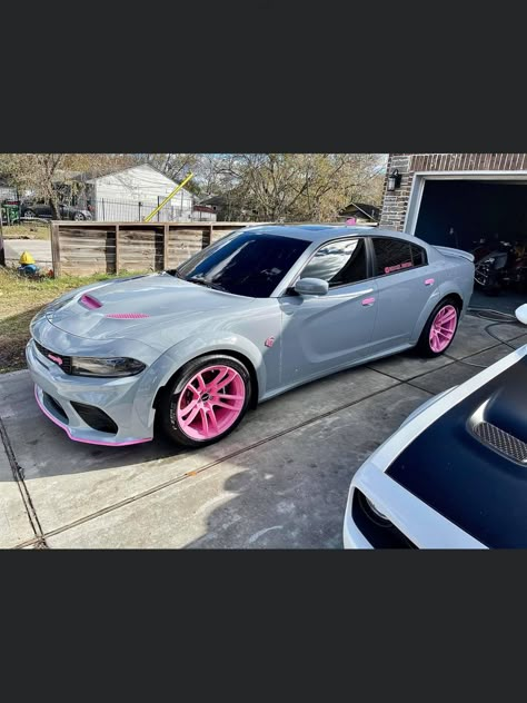 Gray And Pink Charger Car, Grey Dodge Charger With Pink, Grey And Pink Car, Grey And Pink Hellcat, Pink Hell Cat Car, Pink Hellcat Srt, Pink Scat Pack, Girly Mustang, Wrapped Cars Ideas