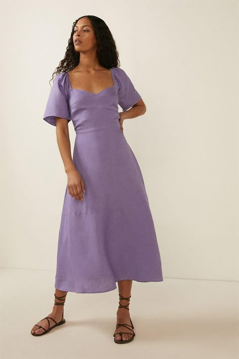 Lilac Linen Dress, Linen Dress With Sleeves, Short Sleeve Wedding Guest Dress, A Line Outfits, Hanoi Outfit, Purple Dress Summer, Evening Dress Midi, Purple Linen Dress, Midi A Line Dress