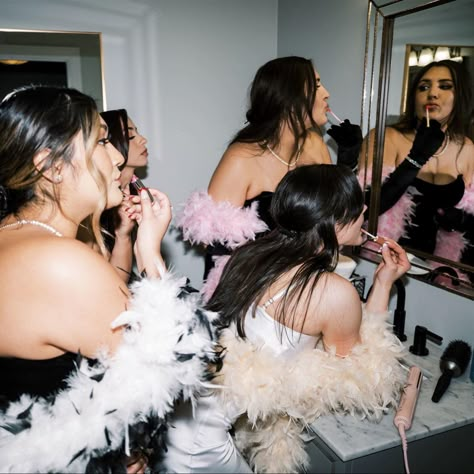 A bride getting ready with her bridesmaids for the reception hour of the wedding night Getting Ready Party Aesthetic, Getting Ready For Night Out, Brides And Bridesmaids Getting Ready, Night Wedding Aesthetic, Before Party Aesthetic, Prom Get Ready Photos, Getting Ready For Party Aesthetic, Night Out Getting Ready, Getting Ready Friends Aesthetic