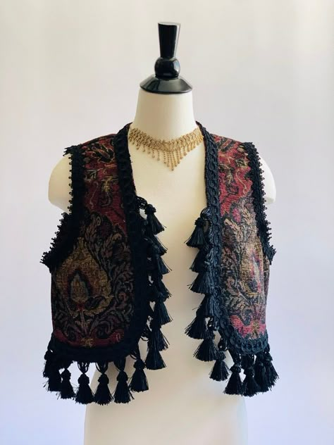 Fringe Clothes, 70s Inspired Outfits, Tapestry Vest, Fringe Clothing, Boho Vest, Fringe Vest, Outfit Inspired, Tassels Fashion, Embroidered Trim