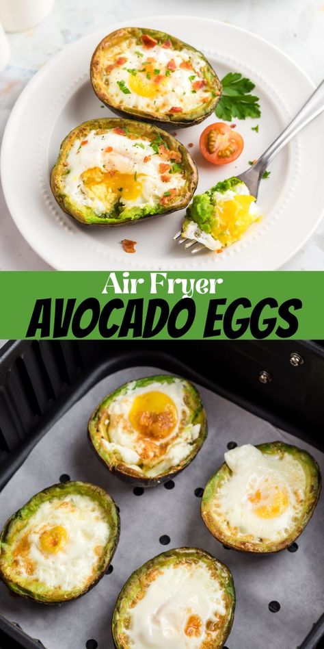 Air Fryer Avocado Eggs are a perfect way to use a ripe avocado loaded with protein. For a great low-carb breakfast, this is it! Boiled Eggs And Avocado Breakfast, Ww Avocado Recipes, Air Fryer Stuffed Avocado, Air Fry Avocado Egg, Low Carb Breakfast Air Fryer, Egg In Avocado Air Fryer, Air Fryer Avacodos, Air Fryer Diet Meals, Airfryer Protein Recipes