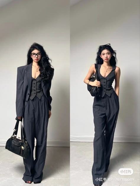 Womens Suits With Corset, Blazer Waistcoat Outfit, Waistcoat Blazer Woman Outfit, Formal Waistcoat For Women, Pantsuit Outfit Aesthetic, Afro Victorian Fashion, Pants And Waistcoat Women, Blazer Slacks Outfit, Classy Suits For Women Formal